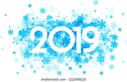 Winter 2019 sign with blue beautiful snowflakes on white background. Vector paper illustration.
