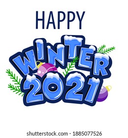 Winter 2021. Greeting card with date and ribbon on white background. Sticker. Stock vector.