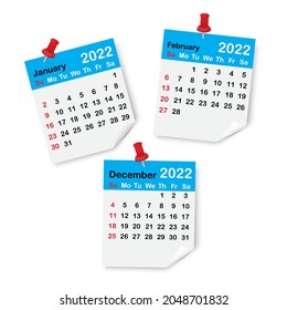 Winter 2022 diary leafs. Blue calendar pages. Red drawing pin. Organizing background. Vector illustration. Stock image. 