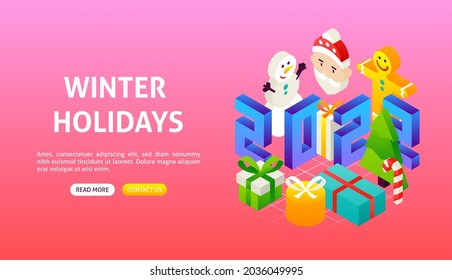 Winter 2022 Holidays Banner. Vector Illustration of Happy New Year Objects.