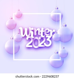 Signo de invierno 2023 con gradiente morado colgando baudias y marco. Ilustración vectorial de vacaciones.