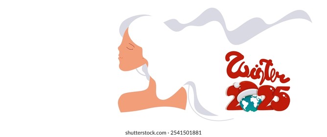 Invierno 2025. Anuncio blanco con la Madre Tierra, globo en el sombrero de Santa y números rojos. Nuevo año 2025. Estilo de dibujos animados. Clipart. Ilustración vectorial. 