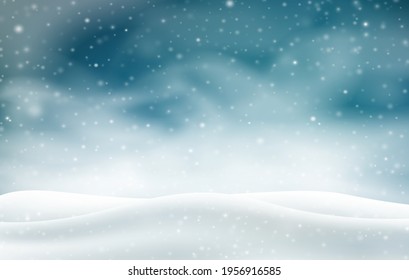 Winter 3D landscape with snowstorm in the night. Realistic white snowfall. Christmas background with dark sky, falling snowflakes. Vector illustration. Wintery backdrop.
