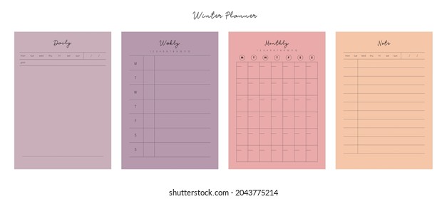 (Winter) 4 Set of the Daily, Weekly, Monthly and Check memo planner. Retro planner Bullet journal memo pad. Clear and simple printable to do list. Realistic vector illustration.
