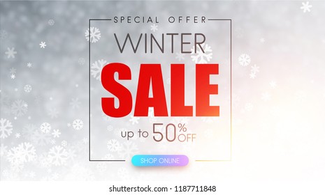 Winter up to 50% off sale, special offer. Shiny promo poster with snowflakes. Vector background. 
