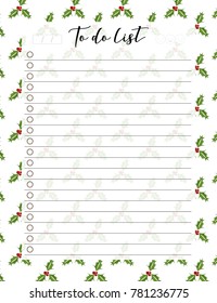 Winter A4 template for To Do List with lettering and decorative trees background. Organizer with lined page and check boxes. Trendy self-organization concept with graphic design elements.