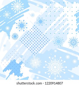 Winter abstract background. Blue brush strokes and blue white snowflakes.  