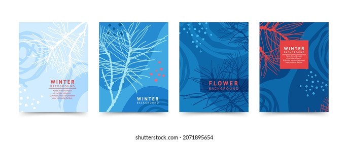 Conjunto de antecedentes abstractos de invierno. Tarjeta de felicitación navideña con bifurcación de pino y espacio para texto. Plantilla vectorial para volante de diseño, banner, afiche, felicitaciones, invitaciones