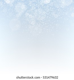 Winter abstract background with falling snowflakes and sparkles. Elegant blurry background for festive decoration. Isolated white. Vector illustration.