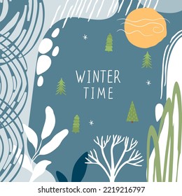 Winter abstract background with place for text.Stylized firs, snowflakes, free hand shapes, stripes, spots and lettering.Blue,white,yellow and green colors.Vector hand drawn flat style illustration.