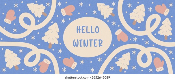 Winter abstract background with snowflakes, mittens and snow-covered trees. Seasonal greeting card or banner for celebration and sales. Vector.