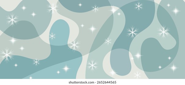 Fondo abstracto de invierno con copos de nieve y estrellas brillantes en Formas onduladas translúcidas. Tarjeta de felicitación para la estación fría. Vector.