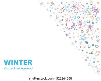 winter abstract background, snowflakes, trees, mittens, boots, snowmen, snow, frost, hat, ice, stars, horses to ride on the ice, skis and poles