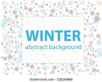 winter abstract background, snowflakes, trees, mittens, boots, snowmen, snow, frost, hat, ice, stars, horses to ride on the ice, skis and poles