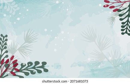 Winter Abstract   background vector. Watercolor and texture brush, Botanical leaves, Christmas tree branches. 
