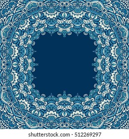 Winter abstract banner with ornamental frame. blue lace square background