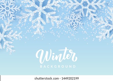 Winter abstract blue background with realistic white snow snowflakes. Elegant minimal banner, poster, greeting card template for Christmas or New Year holiday. Vector illustration.
