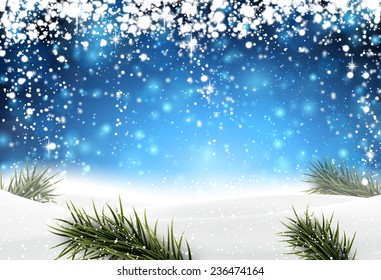 Winter Abstract Blue Background With Spruce Twigs And Snow. Christmas Vector Wallpaper. Eps10. 