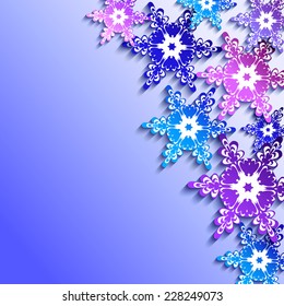 Winter abstract blue - purple background with 3d colorful snowflakes. New Year and Christmas card with place for text. Beautiful creative stylish wallpaper. Vector illustration