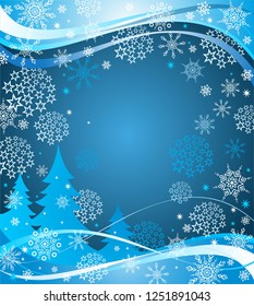 Winter abstract blue vertical banner with fir trees, stars, baubles and snowflakes