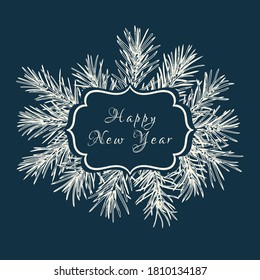 Winter abstract botanical card with patterned frame. Dark blue background and white greeting.