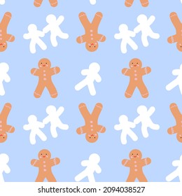 
Winter abstract christmas gingerbread man, seamless pattern. Vector illustration. Happy New Year and Merry Christmas texture. Blue background, minimal geometric gift wrap,