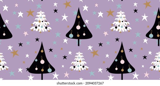 Patrón transparente del árbol de navidad abstracto del invierno. Ilustración vectorial. Feliz Año Nuevo y Feliz Navidad. Fondo púrpura, envoltura mínima geométrica de regalo del bosque,