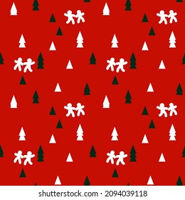 Winter abstract Christmas trees, seamless pattern. Vector illustration. Happy New Year and Merry Christmas texture. Red background, minimal geometric gift wrap,