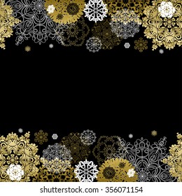 Winter abstract design with gold and white snowflakes and stars and black background. Trend golden design. Horizontal top and bottom border and text place. Golden vintage vector illustration.
