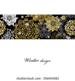 Winter abstract design with gold and white snowflakes and stars and black stripe and white background. Trend golden design. Horizontal border stripe and text place. Golden vintage vector illustration.