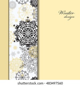 Winter abstract design with gold and white snowflakes and stars and black stripe and light gold background. Golden design. Vertical border stripe and text place. Silver vintage vector illustration.