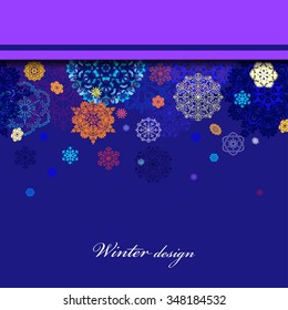 Winter abstract  design with red, pink, blue and white snowflakes and stars and dark blue background. Horizontal top border stripe and text place. Vintage vector illustration.