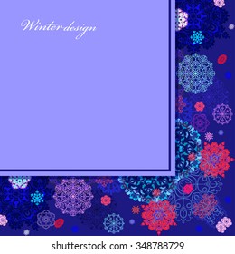 Winter abstract  design with red, pink, blue and white snowflakes and stars and dark blue background. Horizontal top border stripe and text place. Vintage vector illustration.