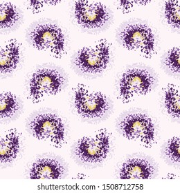 Winter abstract dotted daisy flower background. Seamless pattern splatter style with appaloosa spots. Purple lilac hand painted textile. Variegated  seventies polka dots trendy fashion all over vector