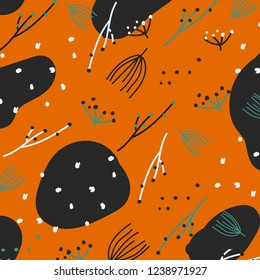 Winter abstract drawing. Modern vector illustration with floral elements,doodles,splash in orange.