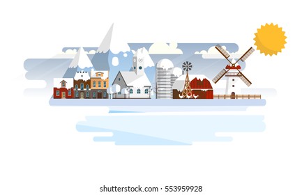 Winter Abstract Farmland Landscape in Flat Design. Vector Illustration.