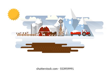 Winter Abstract Farmland Landscape in Flat Design. Vector Illustration.