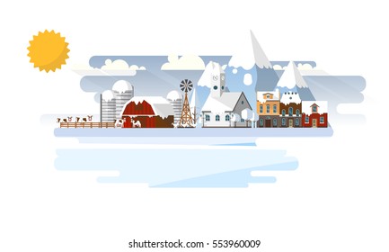 Winter Abstract Farmland Landscape in Flat Design. Vector Illustration.