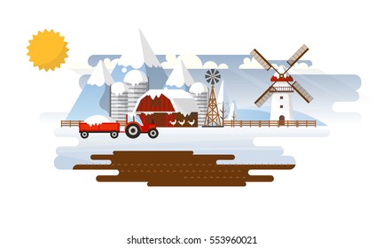 Winter Abstract Farmland Landscape in Flat Design. Vector Illustration.