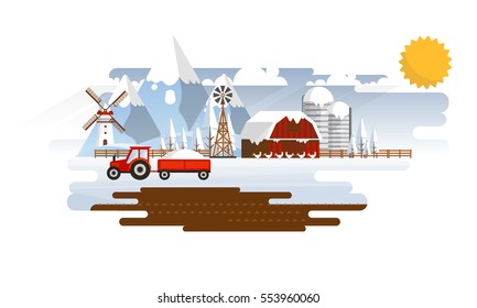 Winter Abstract Farmland Landscape in Flat Design. Vector Illustration.