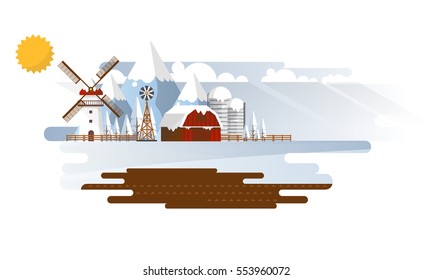 Winter Abstract Farmland Landscape in Flat Design. Vector Illustration.