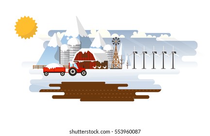 Winter Abstract Farmland Landscape in Flat Design. Vector Illustration.