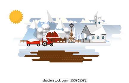 Winter Abstract Farmland Landscape in Flat Design. Vector Illustration.