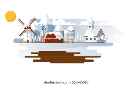 Winter Abstract Farmland Landscape in Flat Design. Vector Illustration.