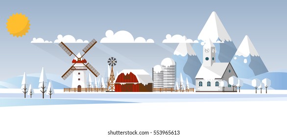 Winter Abstract Farmland Landscape in Flat Design. Vector Illustration.