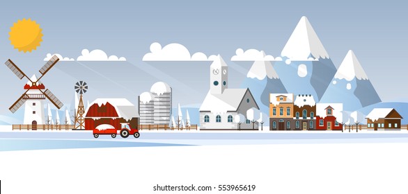 Winter Abstract Farmland Landscape in Flat Design. Vector Illustration.