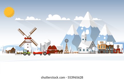 Winter Abstract Farmland Landscape in Flat Design. Vector Illustration.