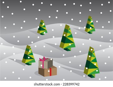 winter. Abstract fir-trees two boxes with gifts and the falling snow