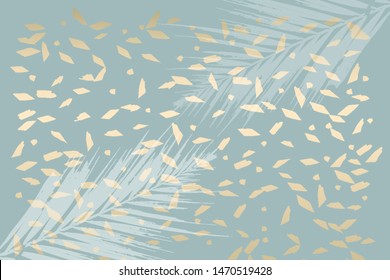 Winter abstract foliage grey blue gold  background. Chic trendy print with botanical motifs