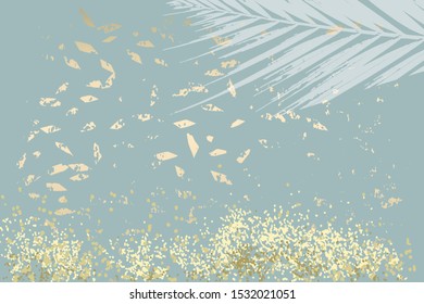Winter abstract foliage grey blue gold  background. Chic trendy print with botanical motifs